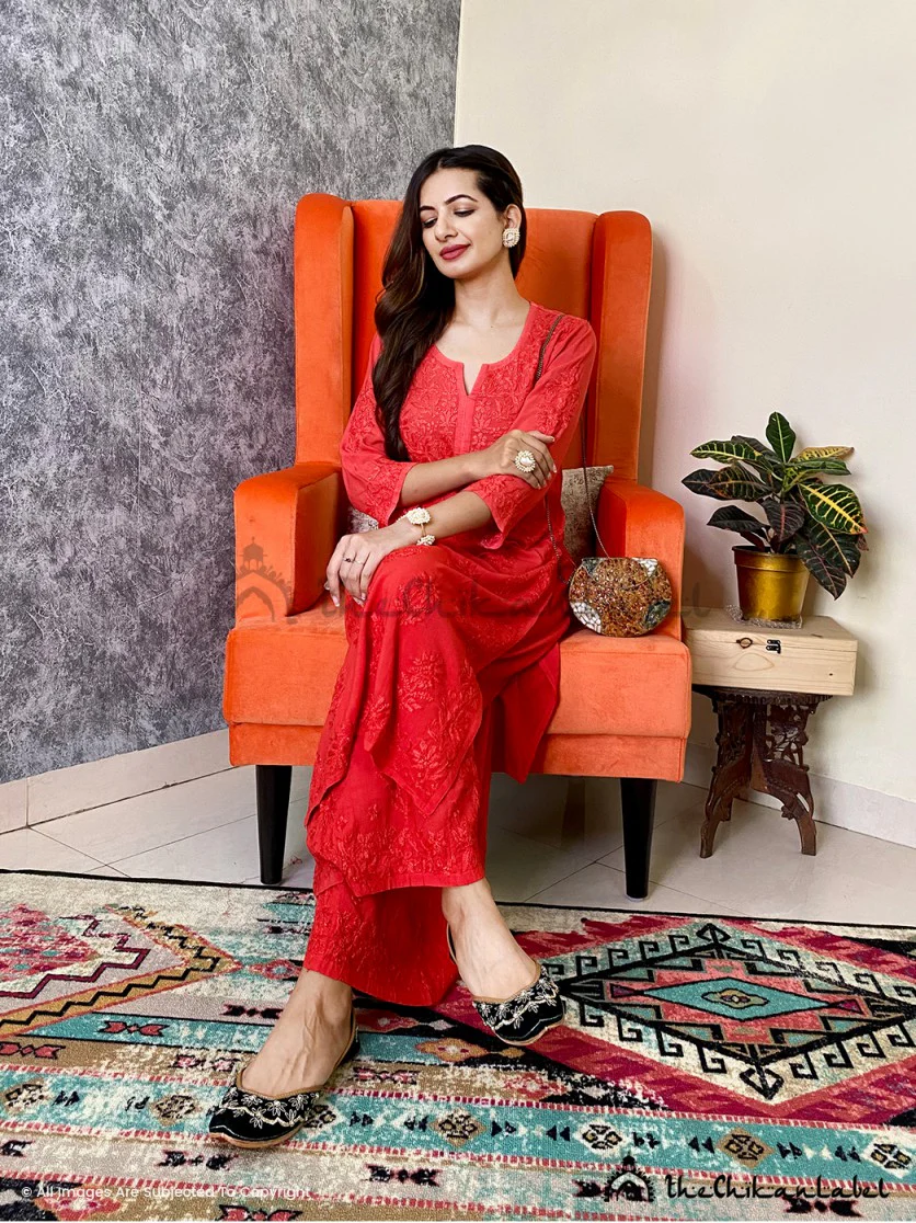 Red Roza Modal Chikankari Straight Kurta Set - Image 3