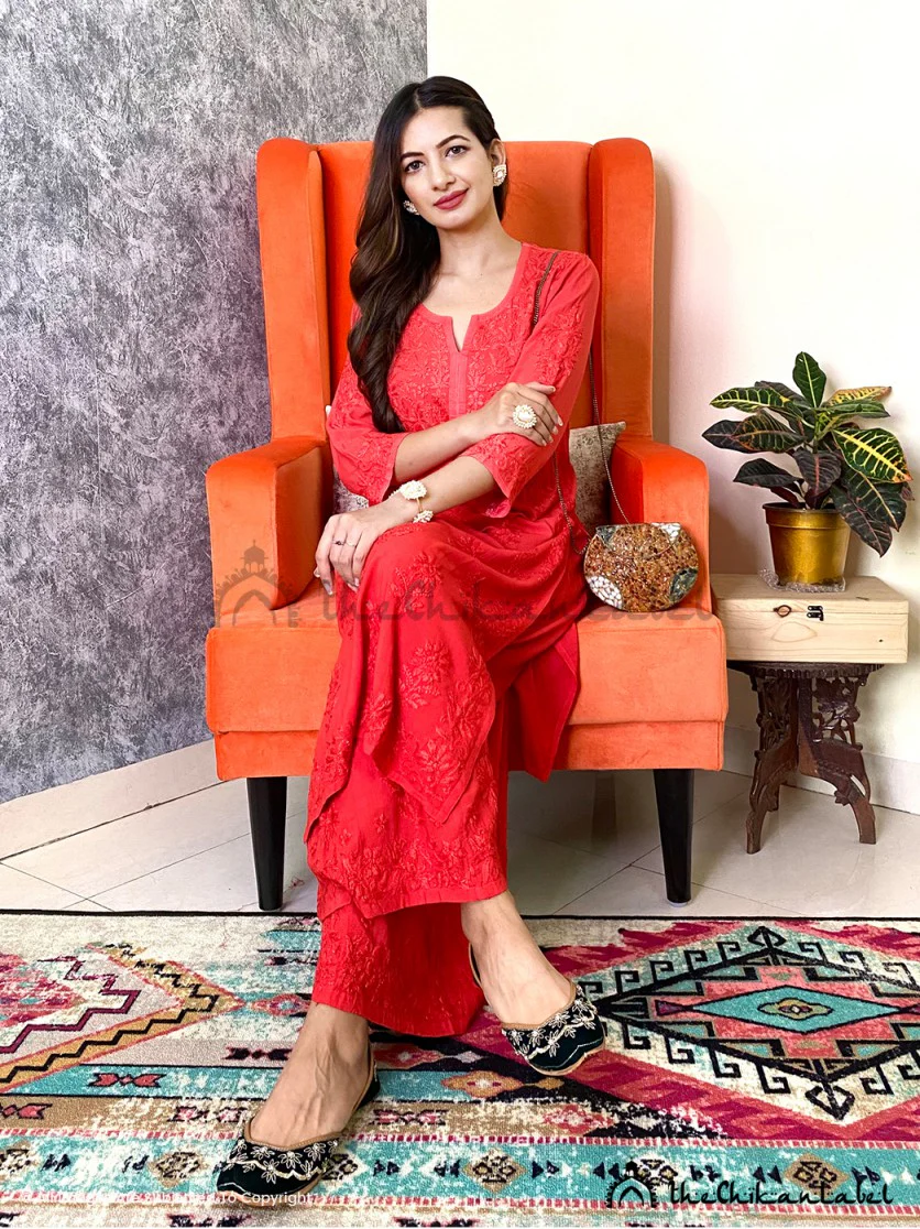Red Roza Modal Chikankari Straight Kurta Set - Image 4