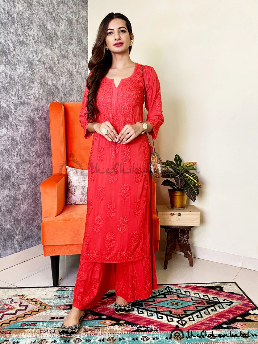 Red Roza Modal Chikankari Straight Kurta Set - Image 5
