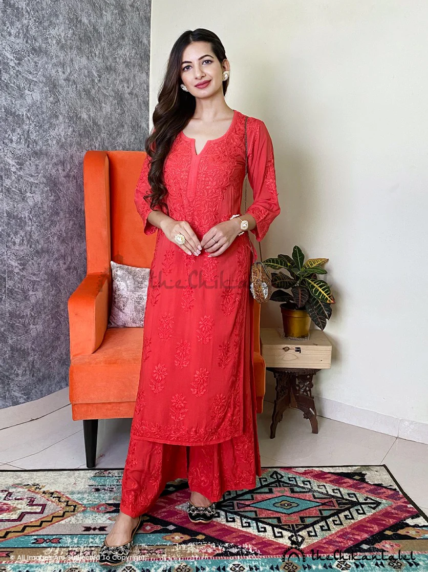 Red Roza Modal Chikankari Straight Kurta Set - Image 6