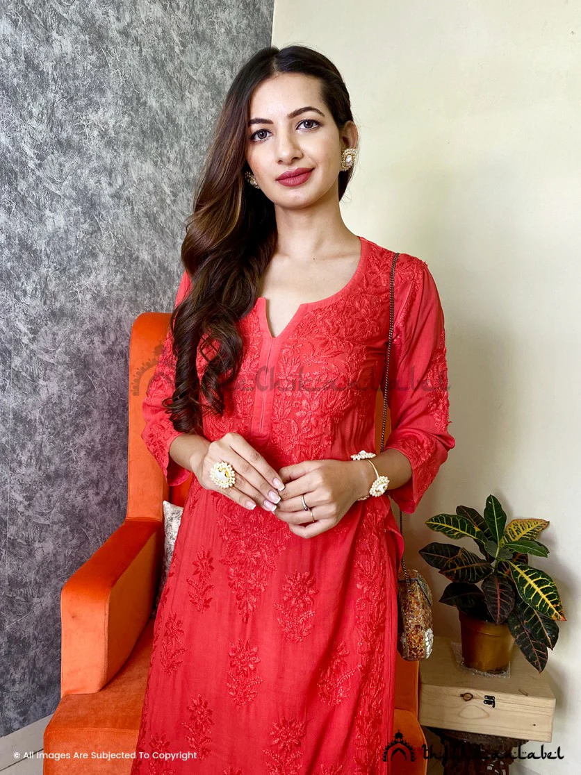 Red Roza Modal Chikankari Straight Kurta Set - Image 7