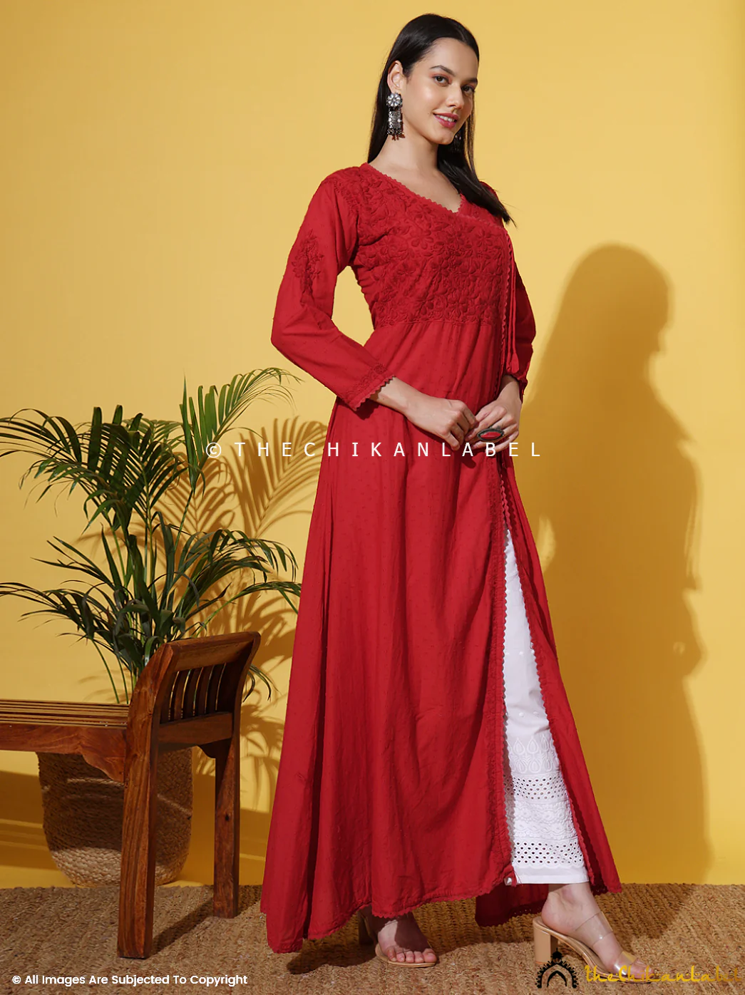 Ruhi Cotton Chikankari Slit Angrakha-Red - Image 10