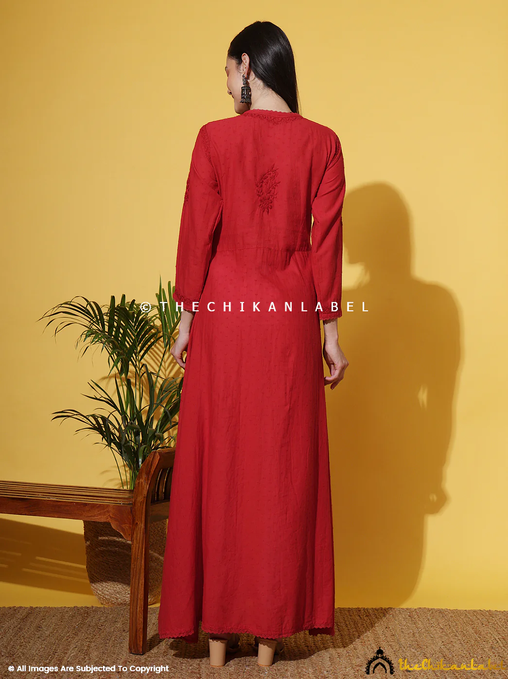 Ruhi Cotton Chikankari Slit Angrakha-Red - Image 3