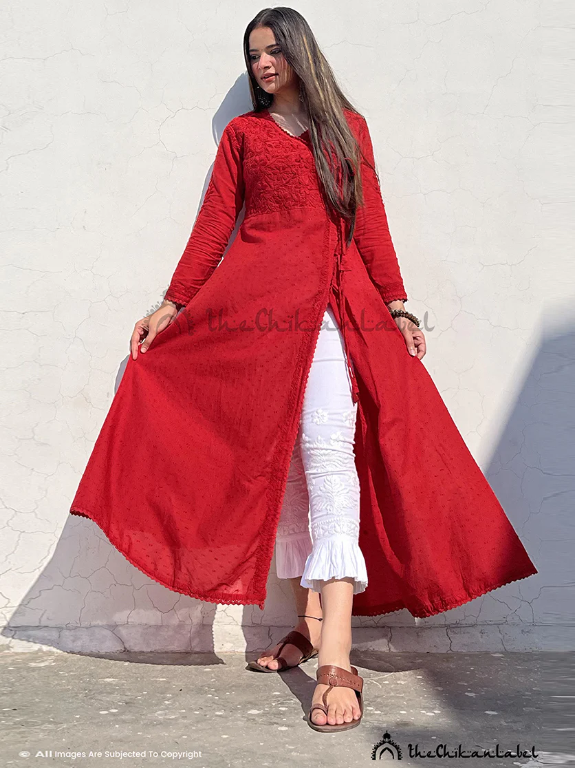 Ruhi Cotton Chikankari Slit Angrakha-Red - Image 4