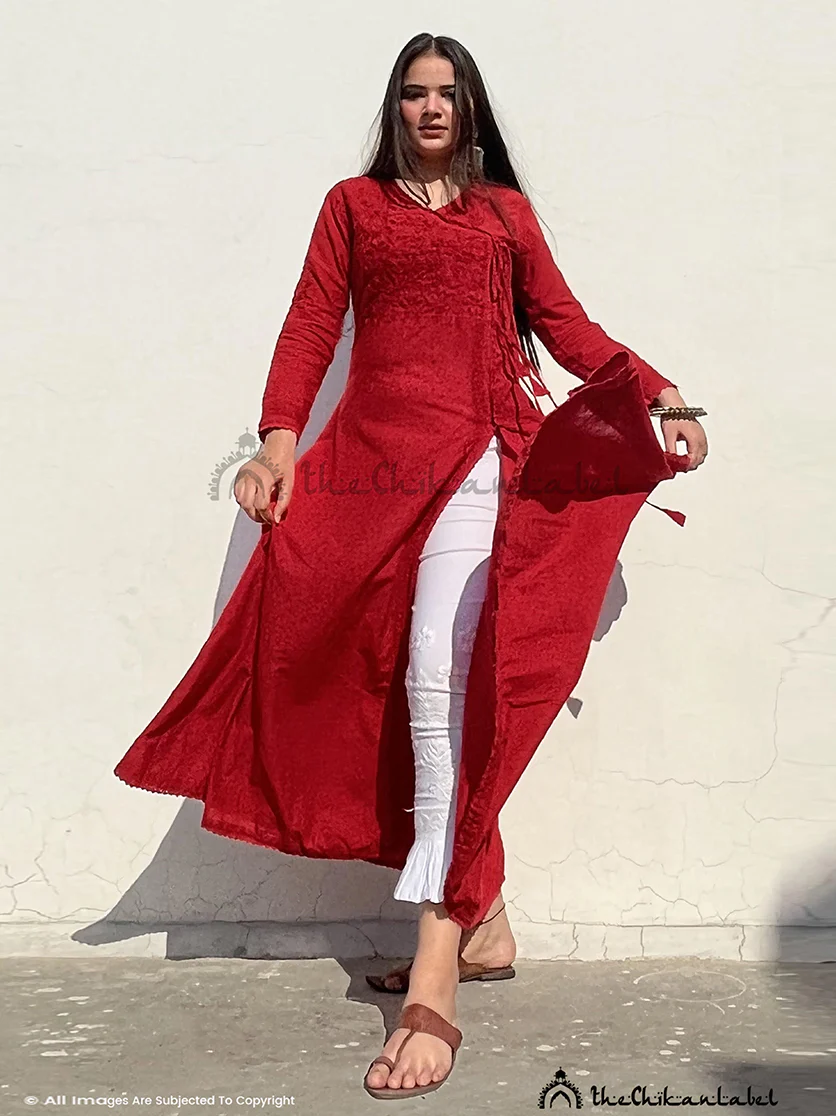 Ruhi Cotton Chikankari Slit Angrakha-Red - Image 5