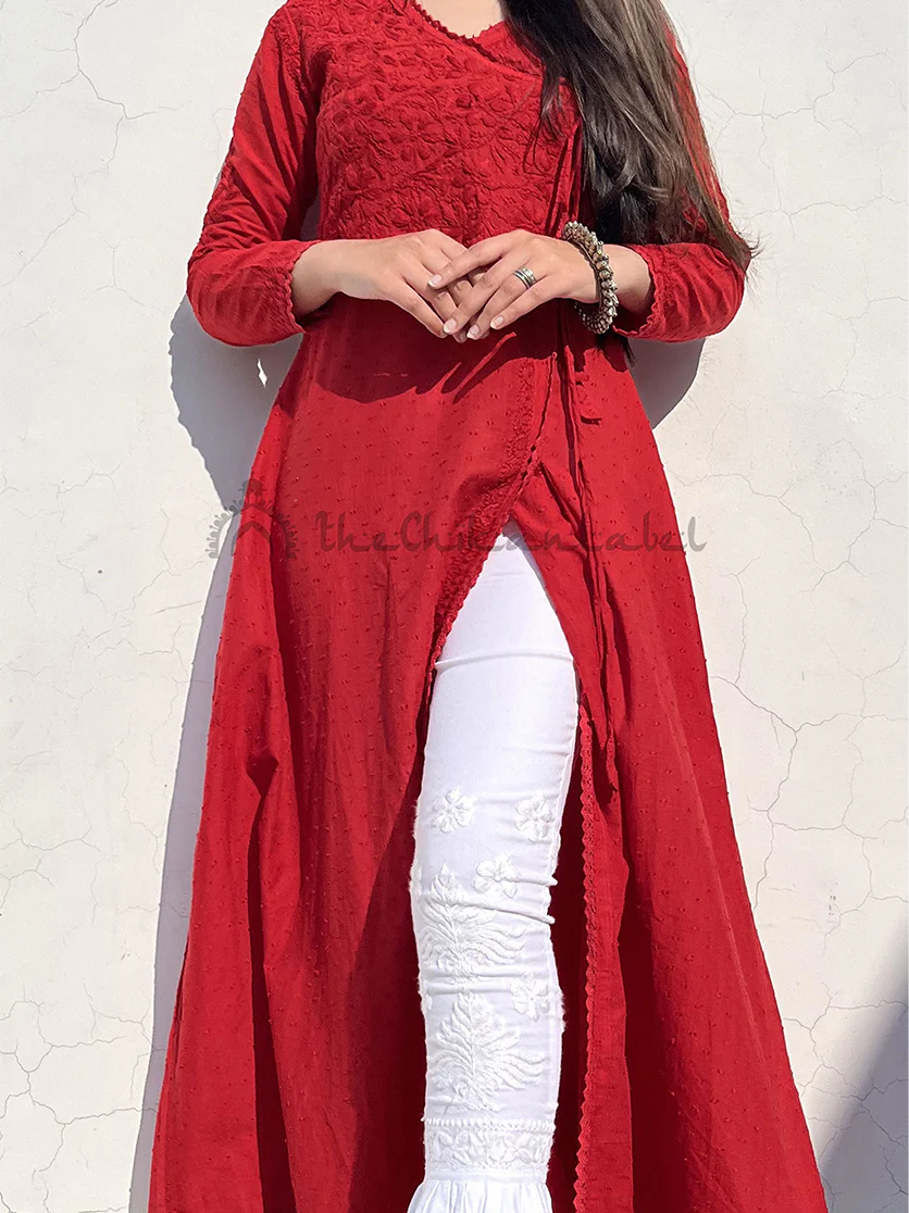Ruhi Cotton Chikankari Slit Angrakha-Red - Image 6