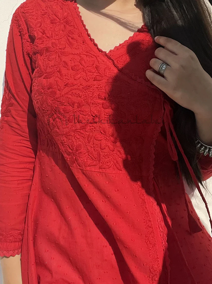 Ruhi Cotton Chikankari Slit Angrakha-Red - Image 7