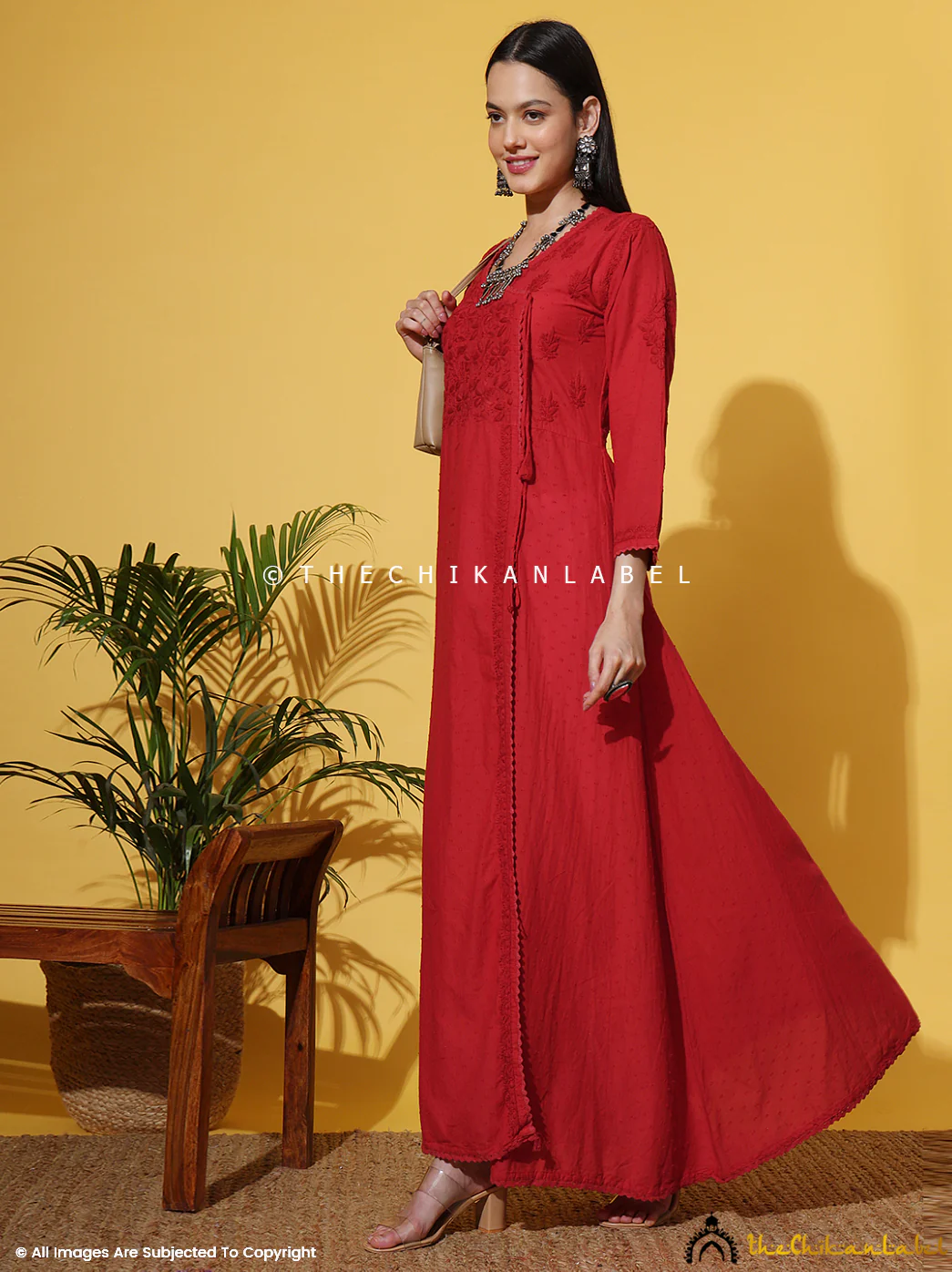 Ruhi Cotton Chikankari Slit Angrakha-Red - Image 8