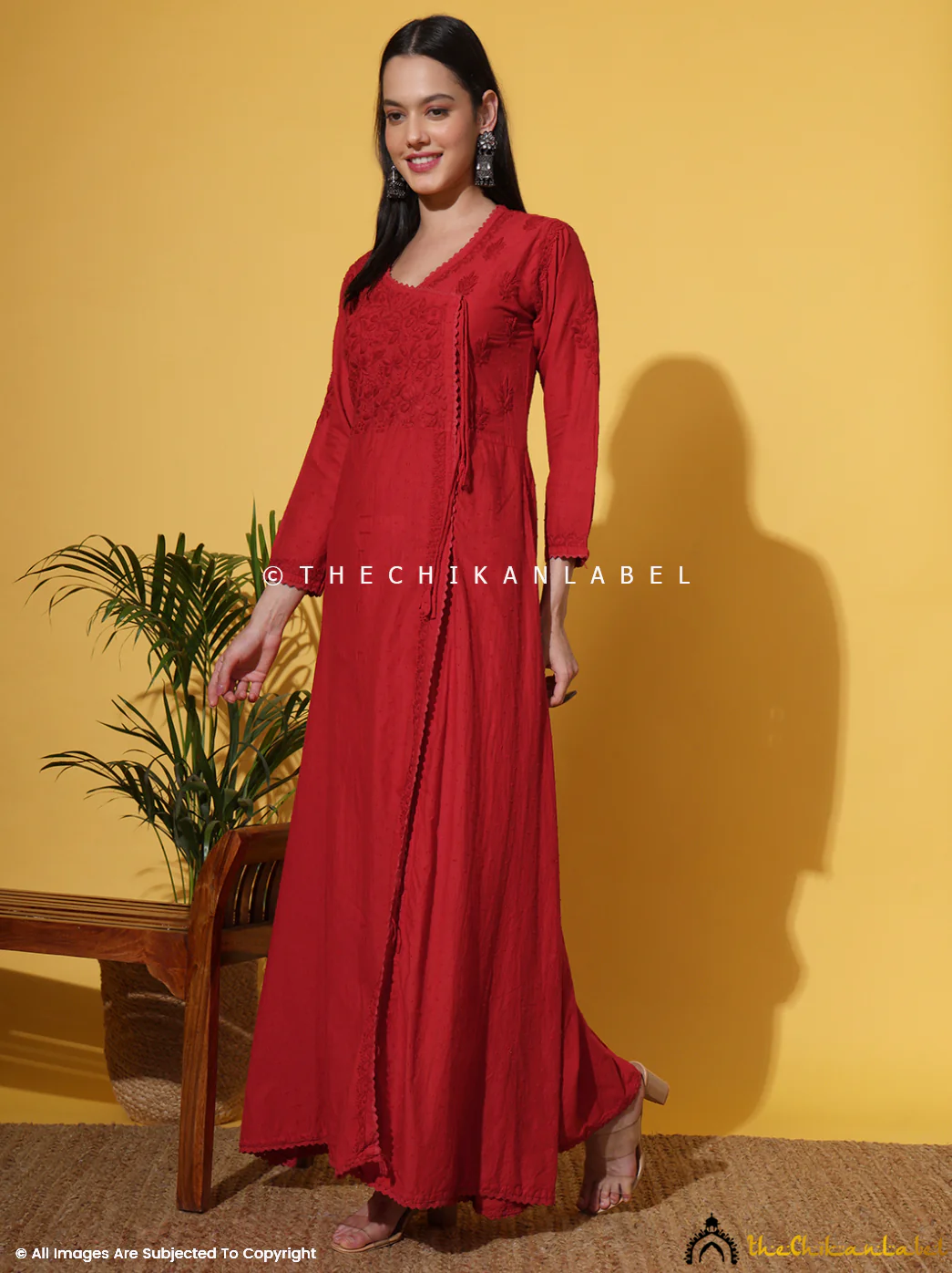 Ruhi Cotton Chikankari Slit Angrakha-Red - Image 9