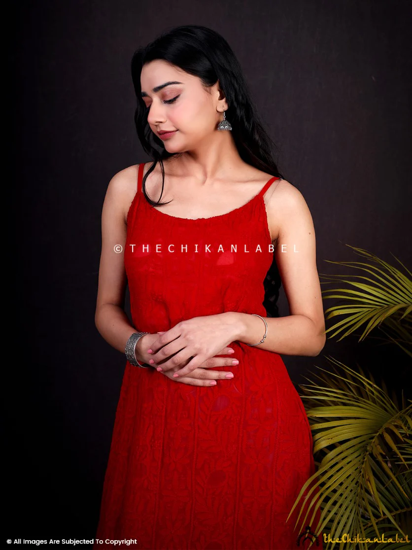 Red Ryka Viscose Chikankari Strappy Kurta - Image 2