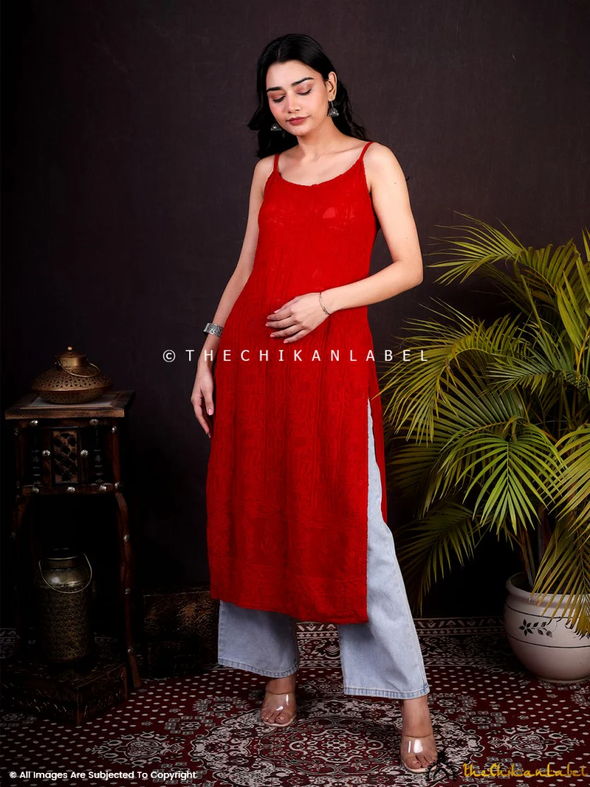 Red Ryka Viscose Chikankari Strappy Kurta - Image 3