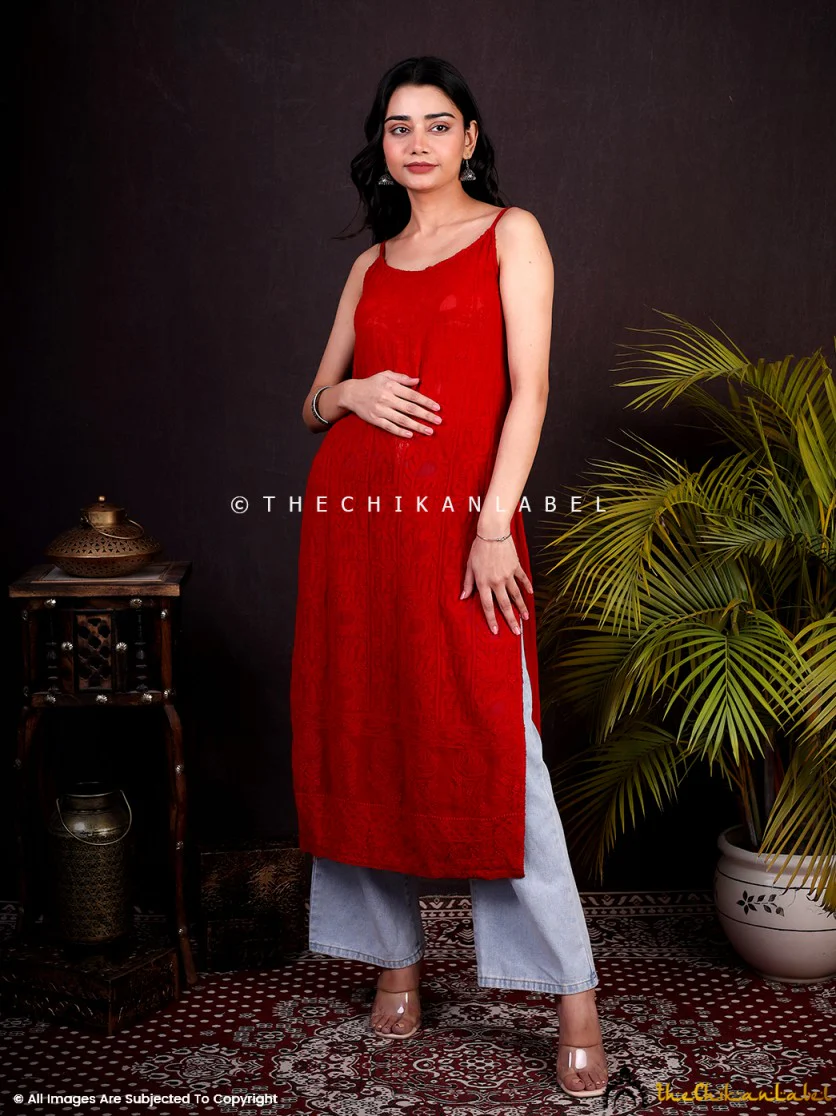 Red Ryka Viscose Chikankari Strappy Kurta - Image 4