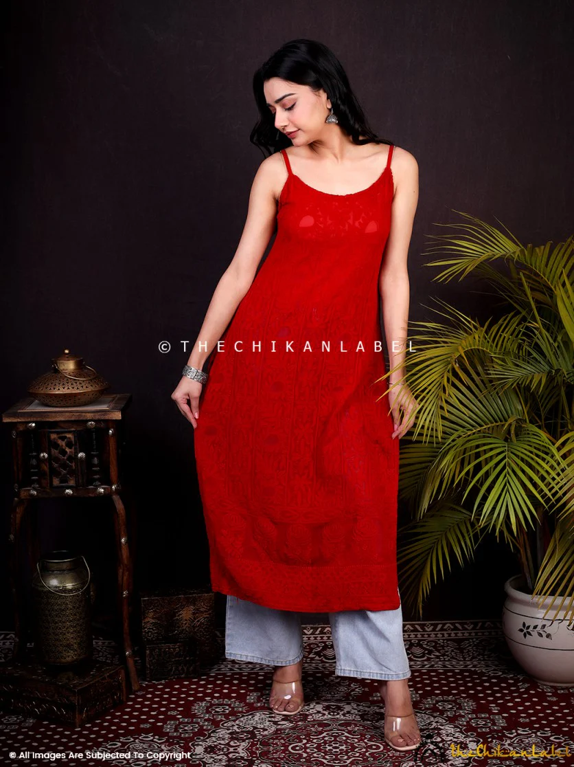 Red Ryka Viscose Chikankari Strappy Kurta - Image 5