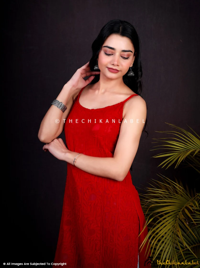 Red Ryka Viscose Chikankari Strappy Kurta - Image 6