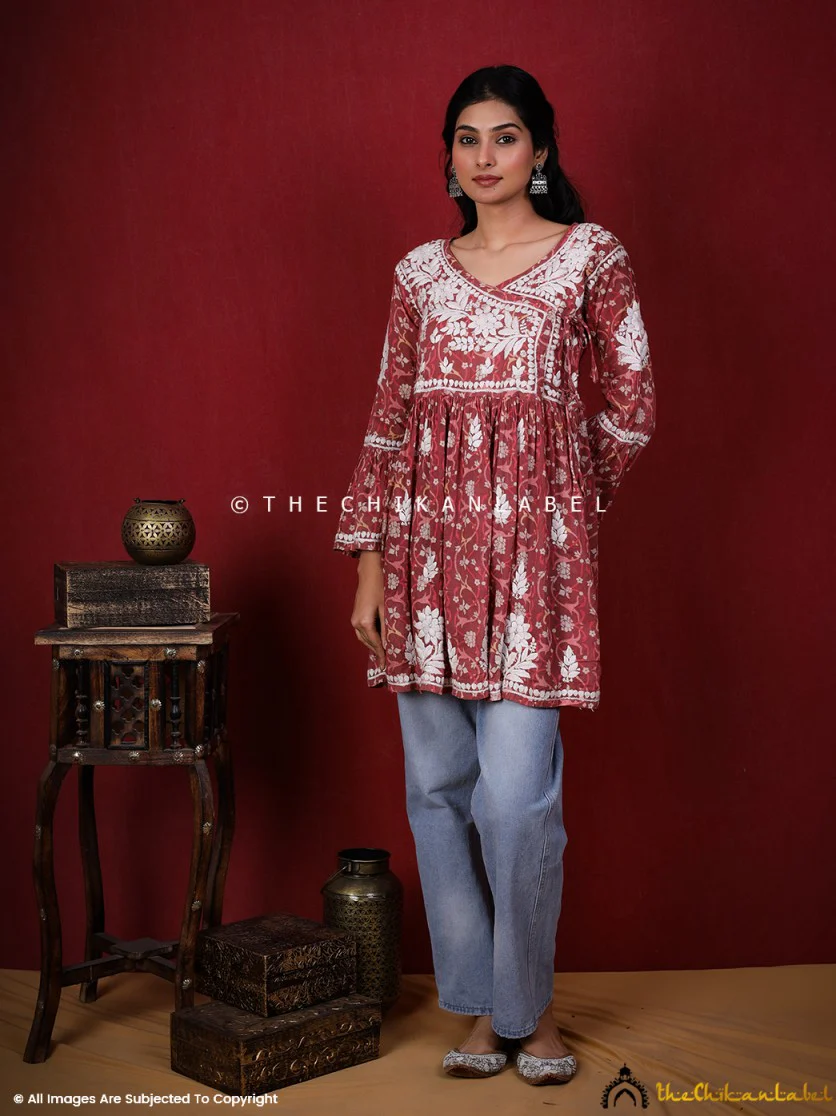 Saanjh Mulmul Cotton Chikankari Angrakha Top -Red - Image 3