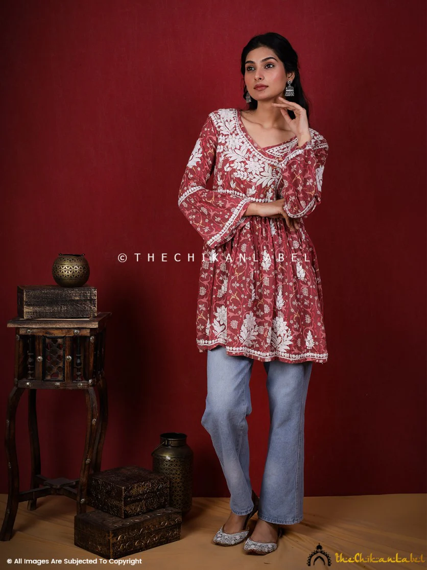 Saanjh Mulmul Cotton Chikankari Angrakha Top -Red - Image 4
