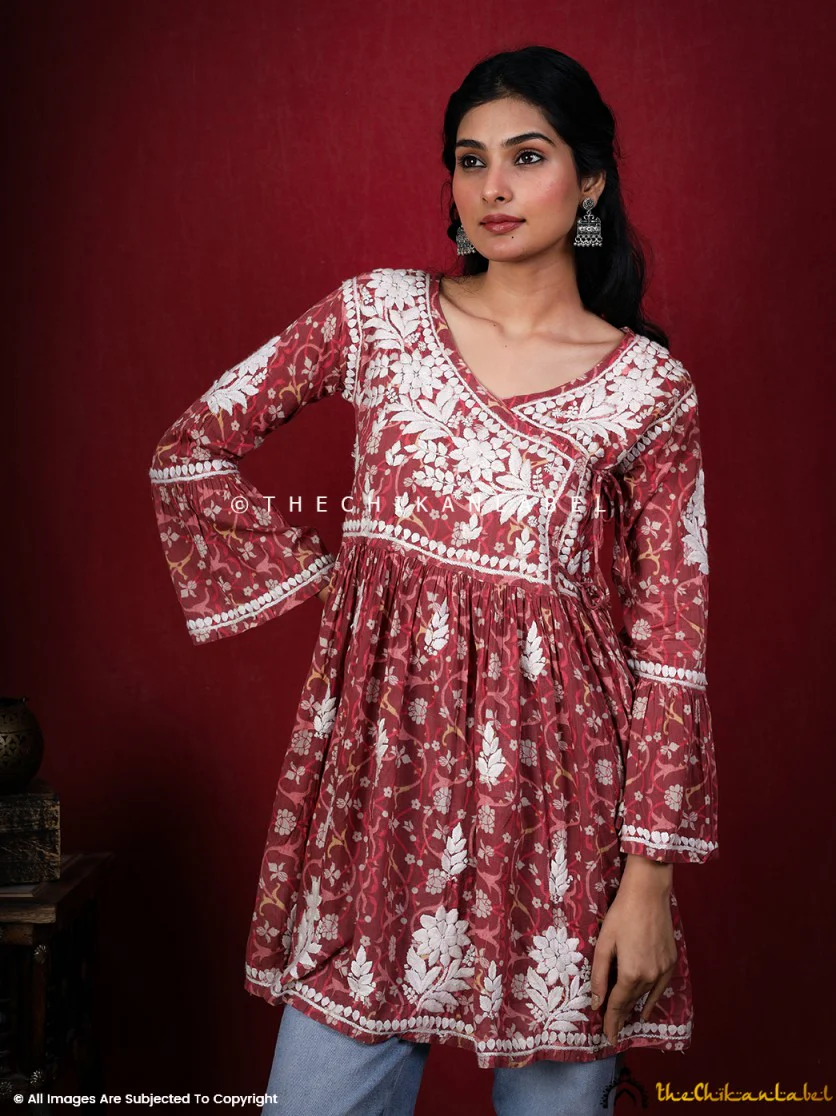 Saanjh Mulmul Cotton Chikankari Angrakha Top -Red - Image 5