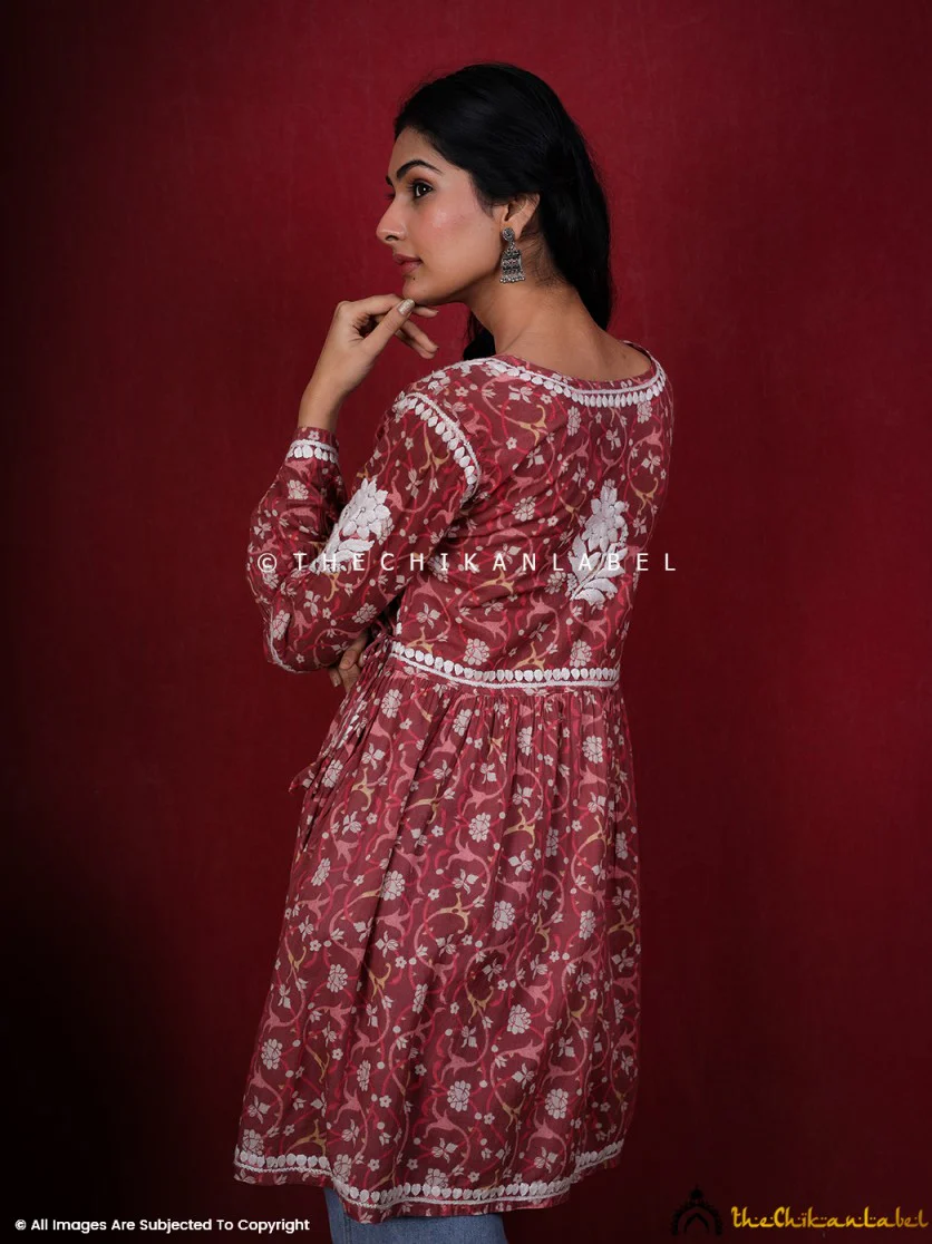 Saanjh Mulmul Cotton Chikankari Angrakha Top -Red - Image 6
