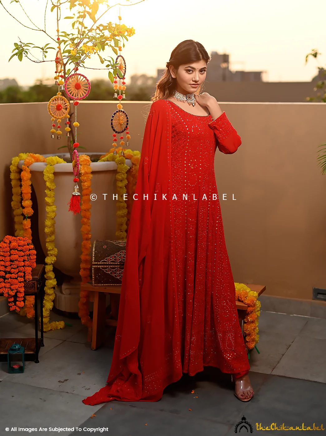 Shifa Viscose Chikankari Anarkali - Red - Image 3