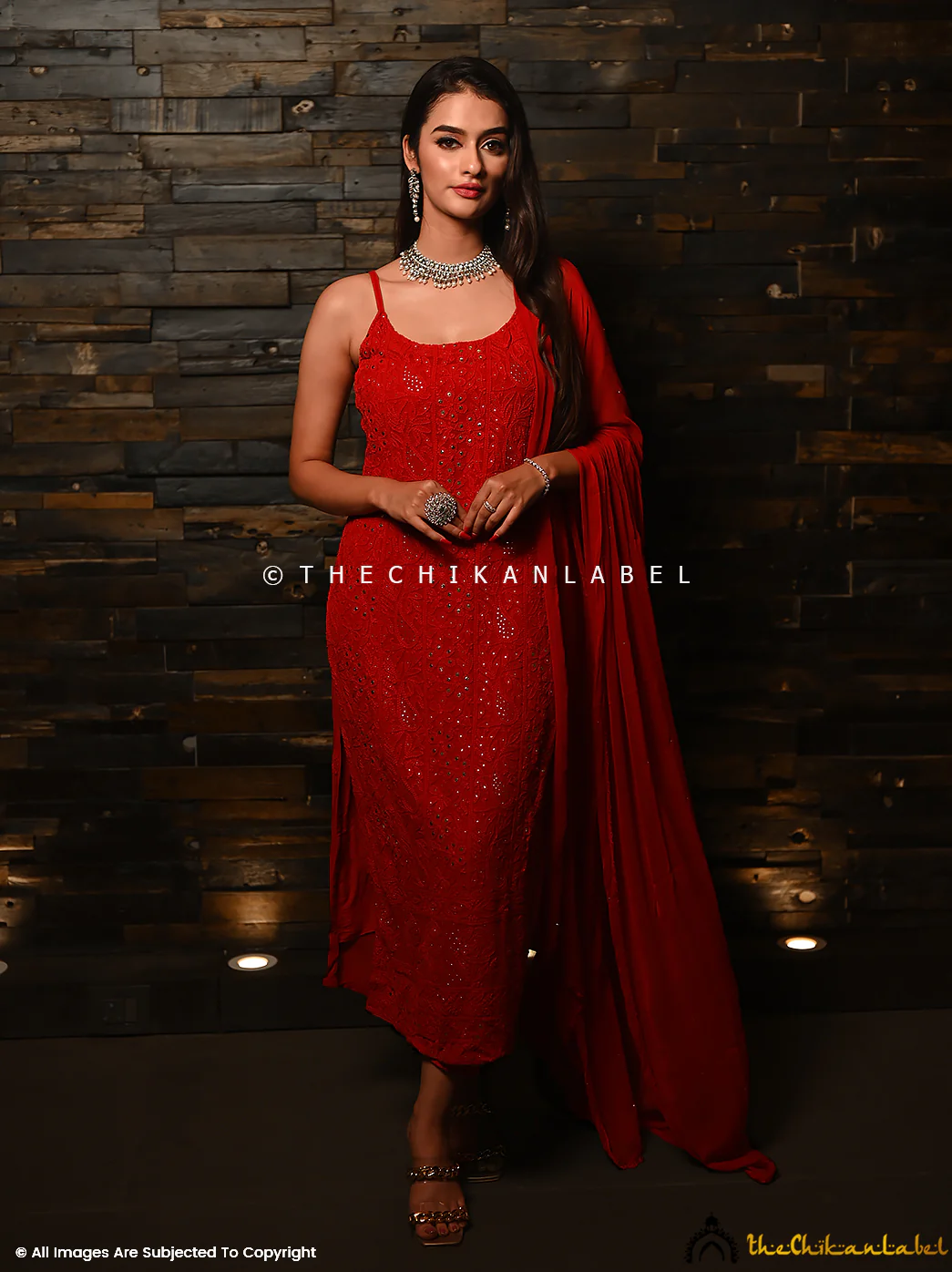 Sukoon Viscose Chikankari Strappy Kurta Set with Dupatta - Red - Image 4