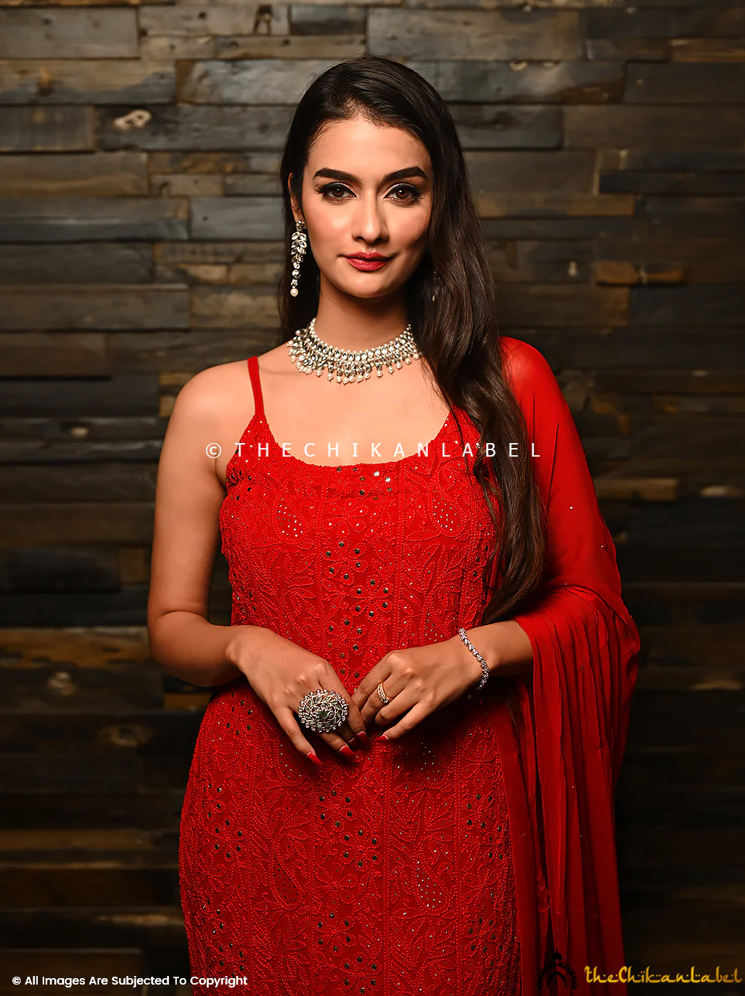 Sukoon Viscose Chikankari Strappy Kurta Set with Dupatta - Red - Image 5