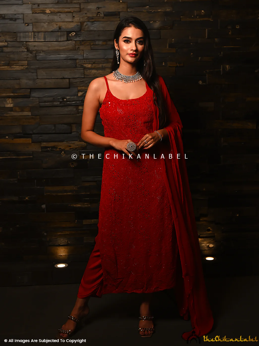 Sukoon Viscose Chikankari Strappy Kurta Set with Dupatta - Red - Image 6