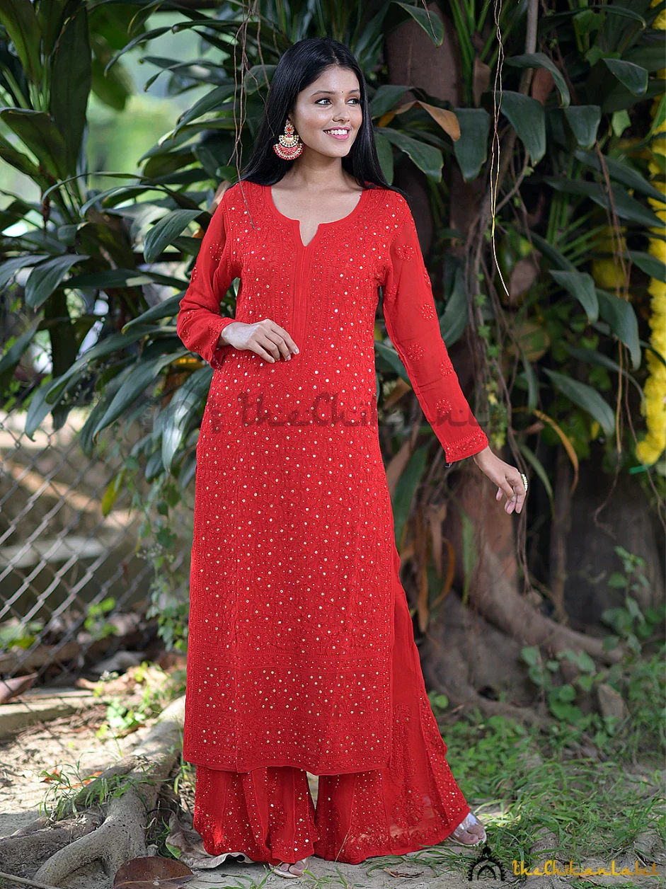 Tara Viscose Chikankari Straight Kurta Set with Dupatta - Red - Image 3