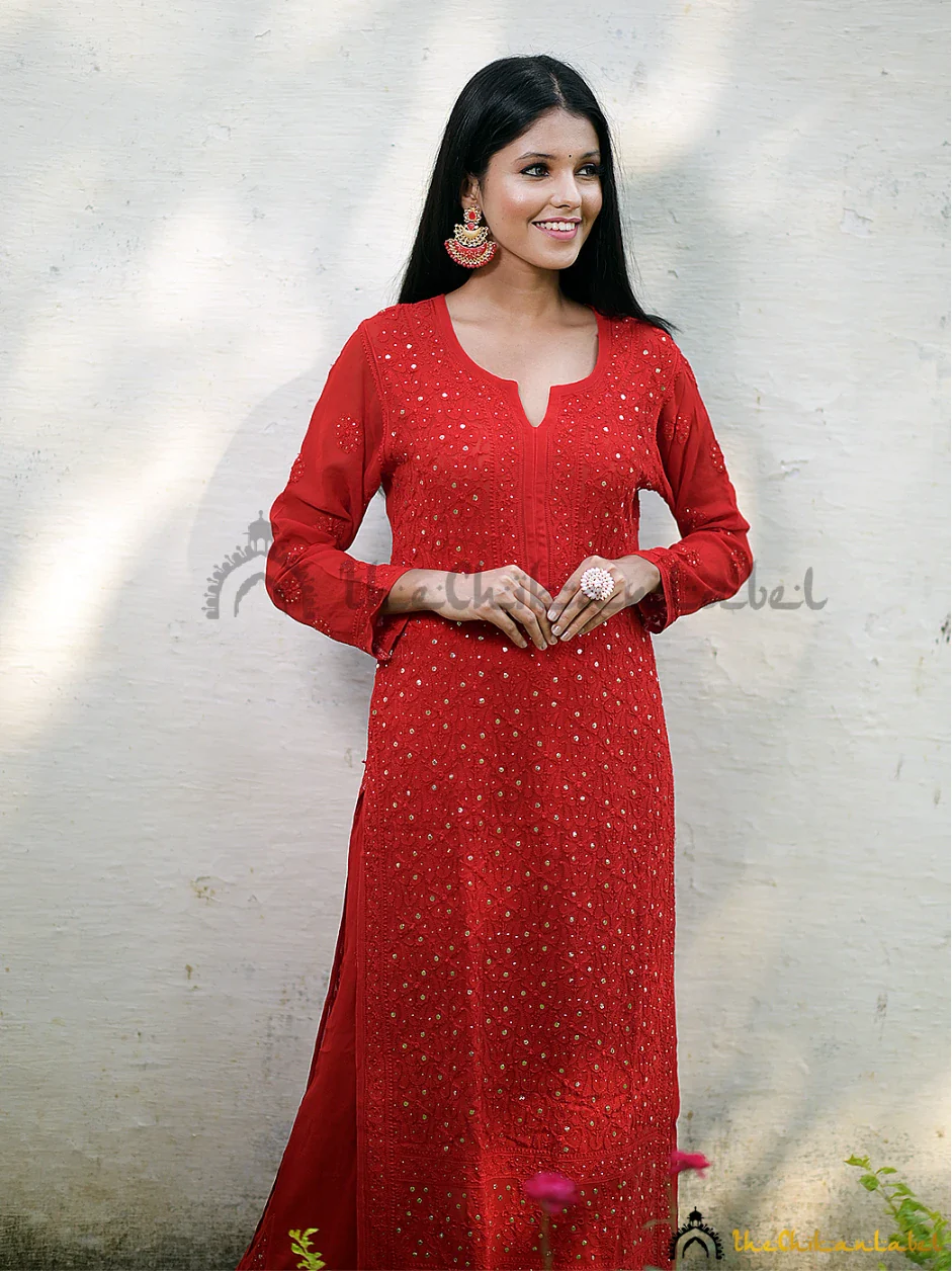 Tara Viscose Chikankari Straight Kurta Set with Dupatta - Red - Image 4