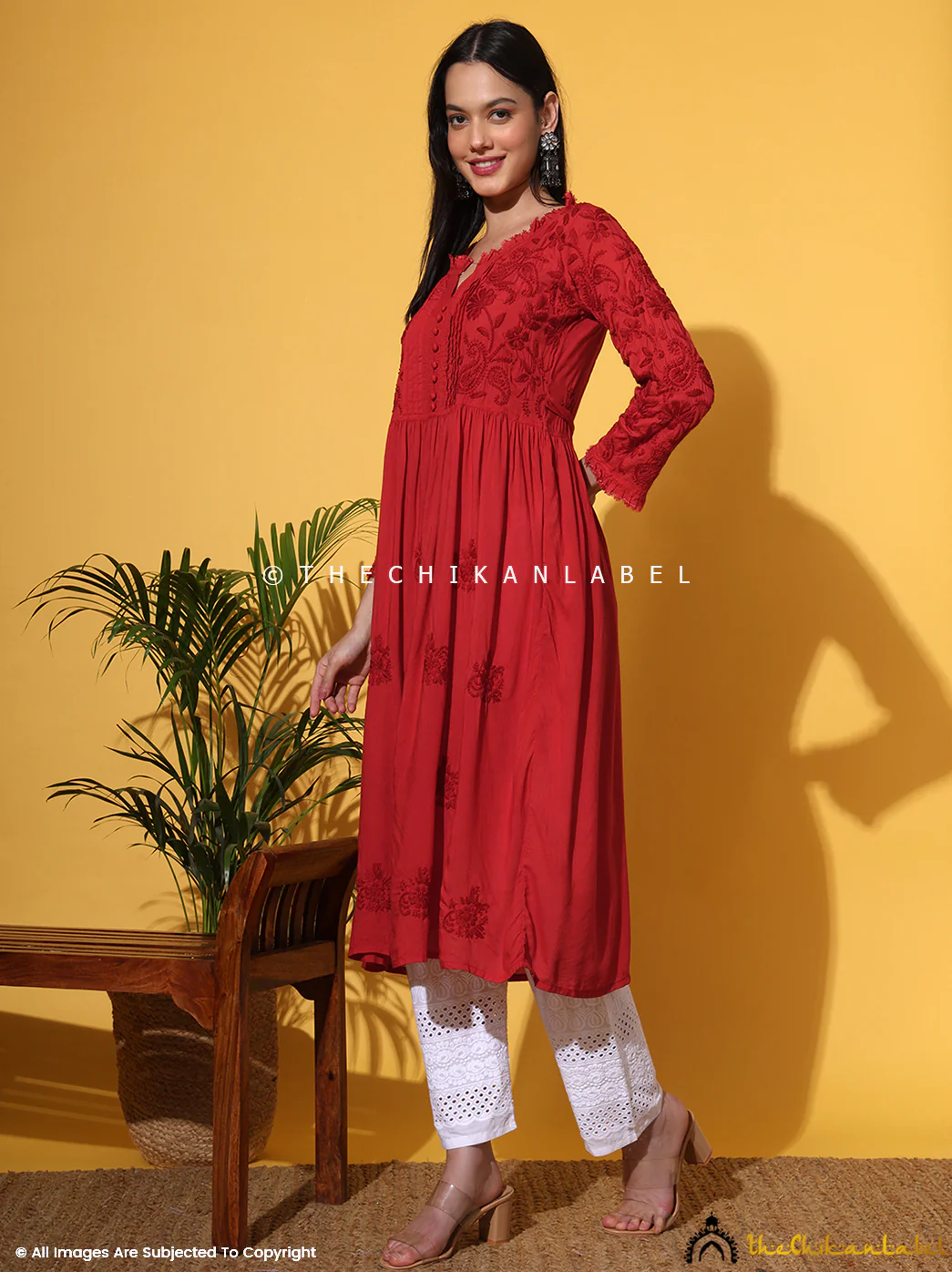 Titli Muslin Chikankari Anarkali - Red - Image 10