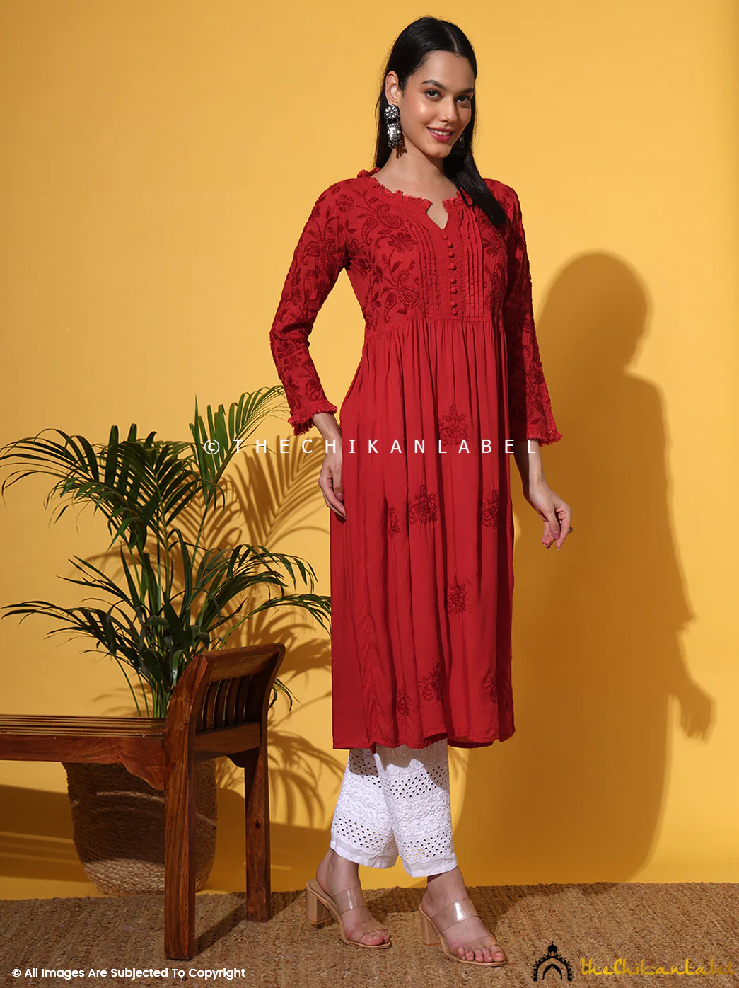 Titli Muslin Chikankari Anarkali - Red - Image 11