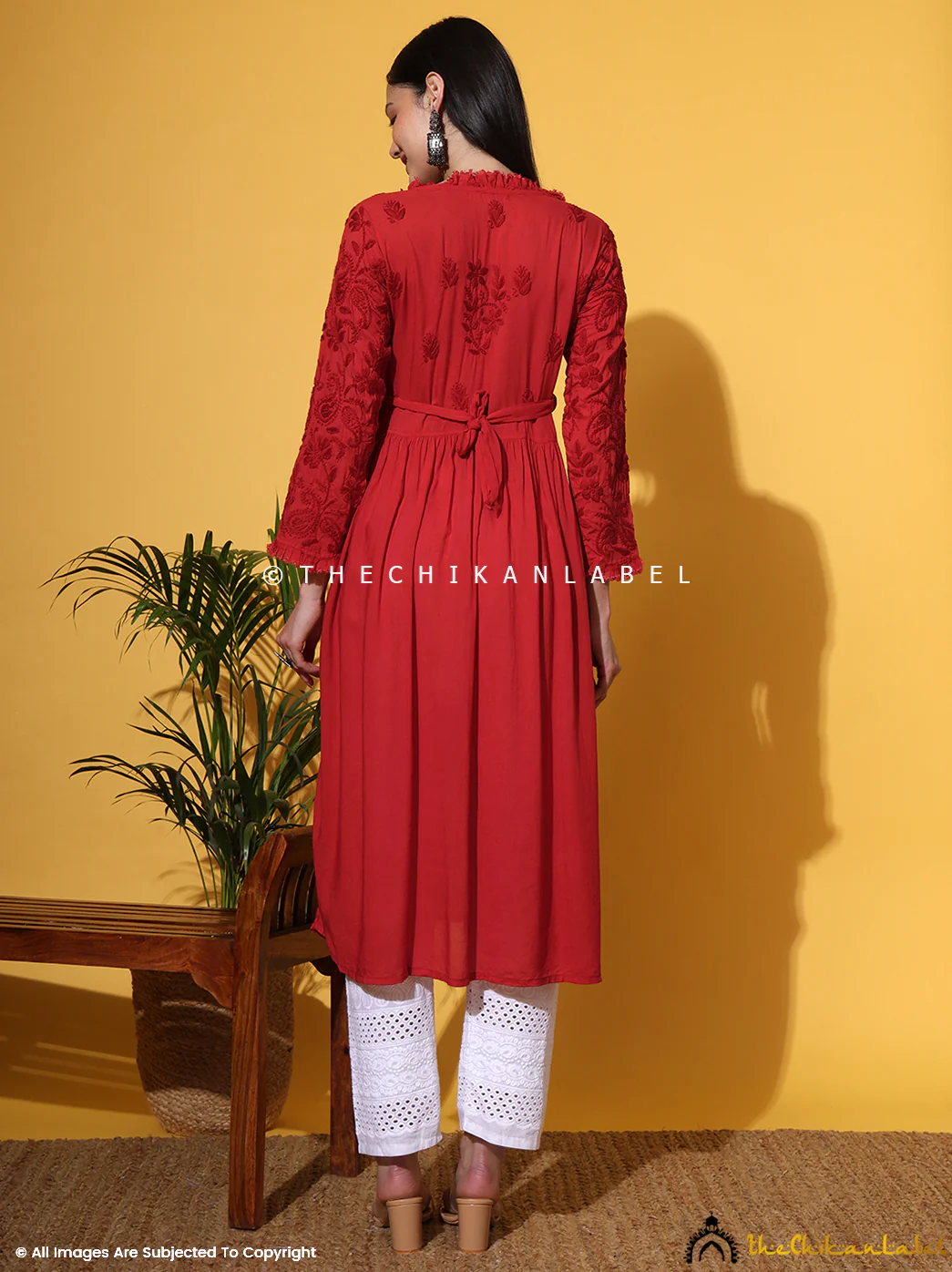 Titli Muslin Chikankari Anarkali - Red - Image 3