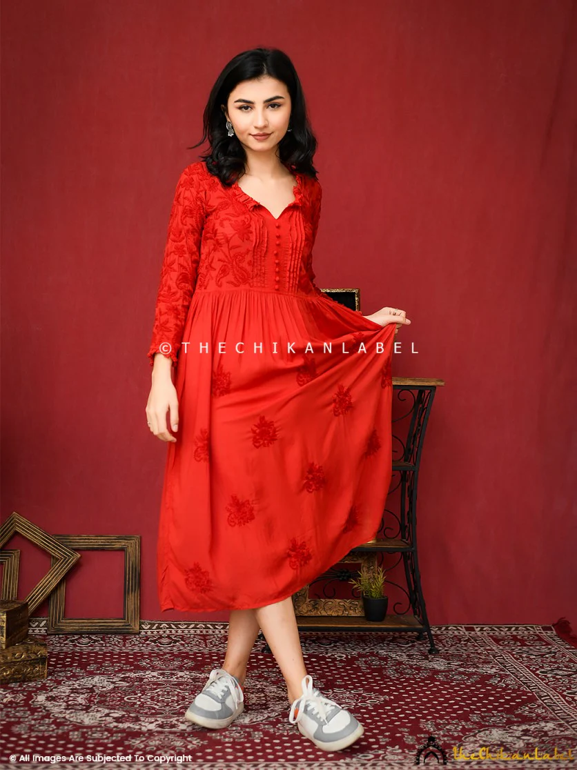 Titli Muslin Chikankari Anarkali - Red - Image 4