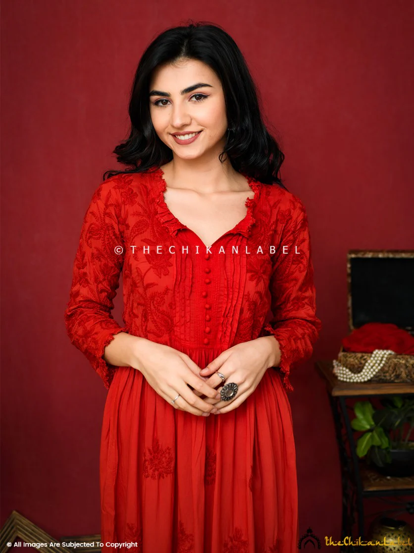 Titli Muslin Chikankari Anarkali - Red - Image 5