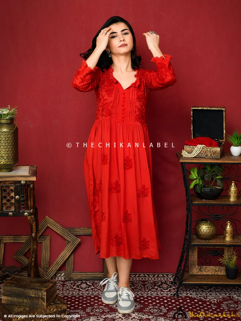 Titli Muslin Chikankari Anarkali - Red - Image 6