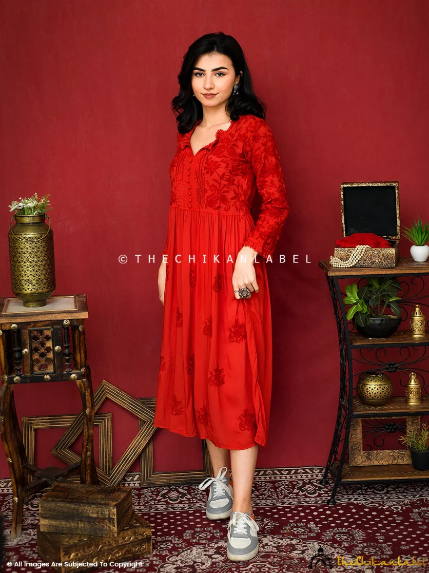 Titli Muslin Chikankari Anarkali - Red - Image 7