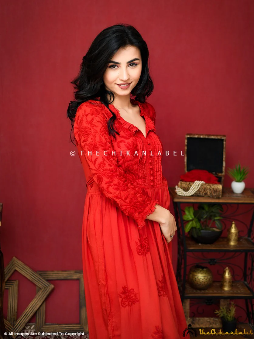 Titli Muslin Chikankari Anarkali - Red - Image 8