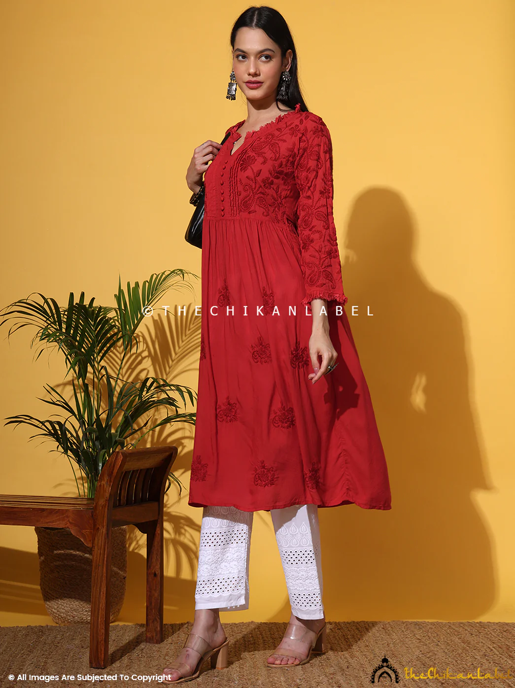 Titli Muslin Chikankari Anarkali - Red - Image 9
