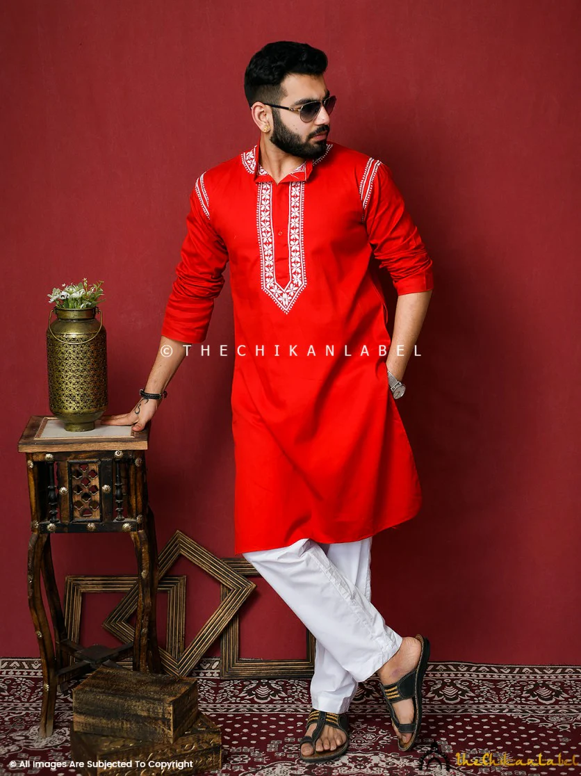 Red Uman Cotton Chikankari Men's Kurta - Image 10