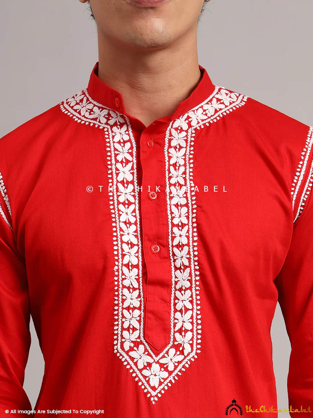 Red Uman Cotton Chikankari Men's Kurta - Image 2