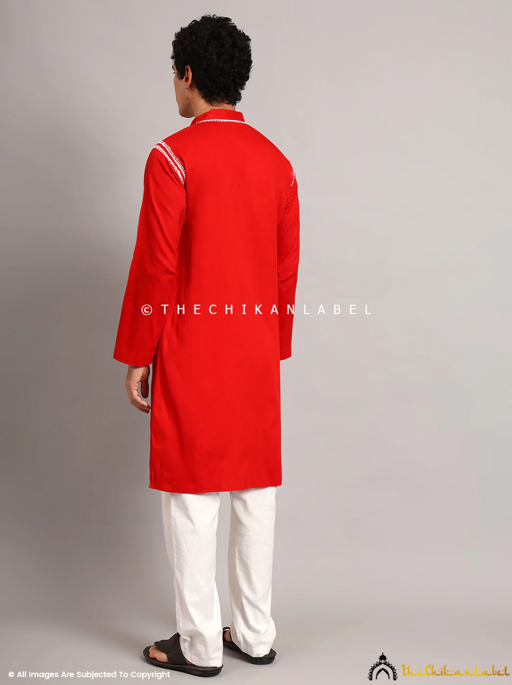 Red Uman Cotton Chikankari Men's Kurta - Image 3