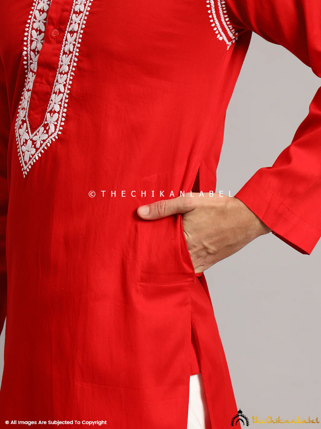 Red Uman Cotton Chikankari Men's Kurta - Image 4