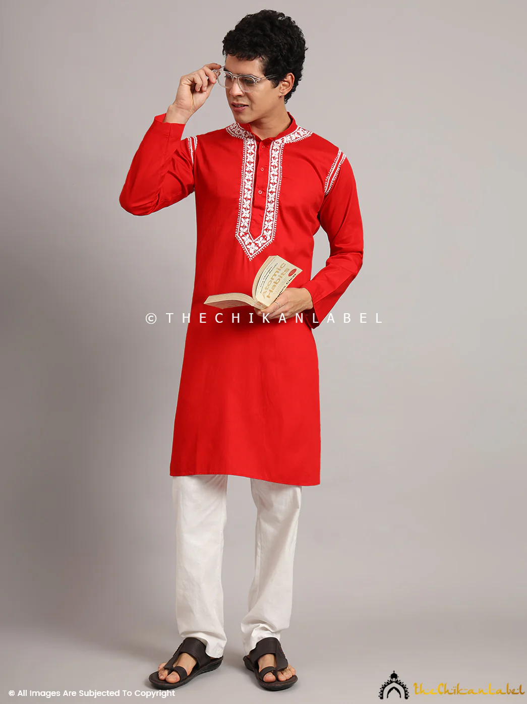 Red Uman Cotton Chikankari Men's Kurta - Image 5