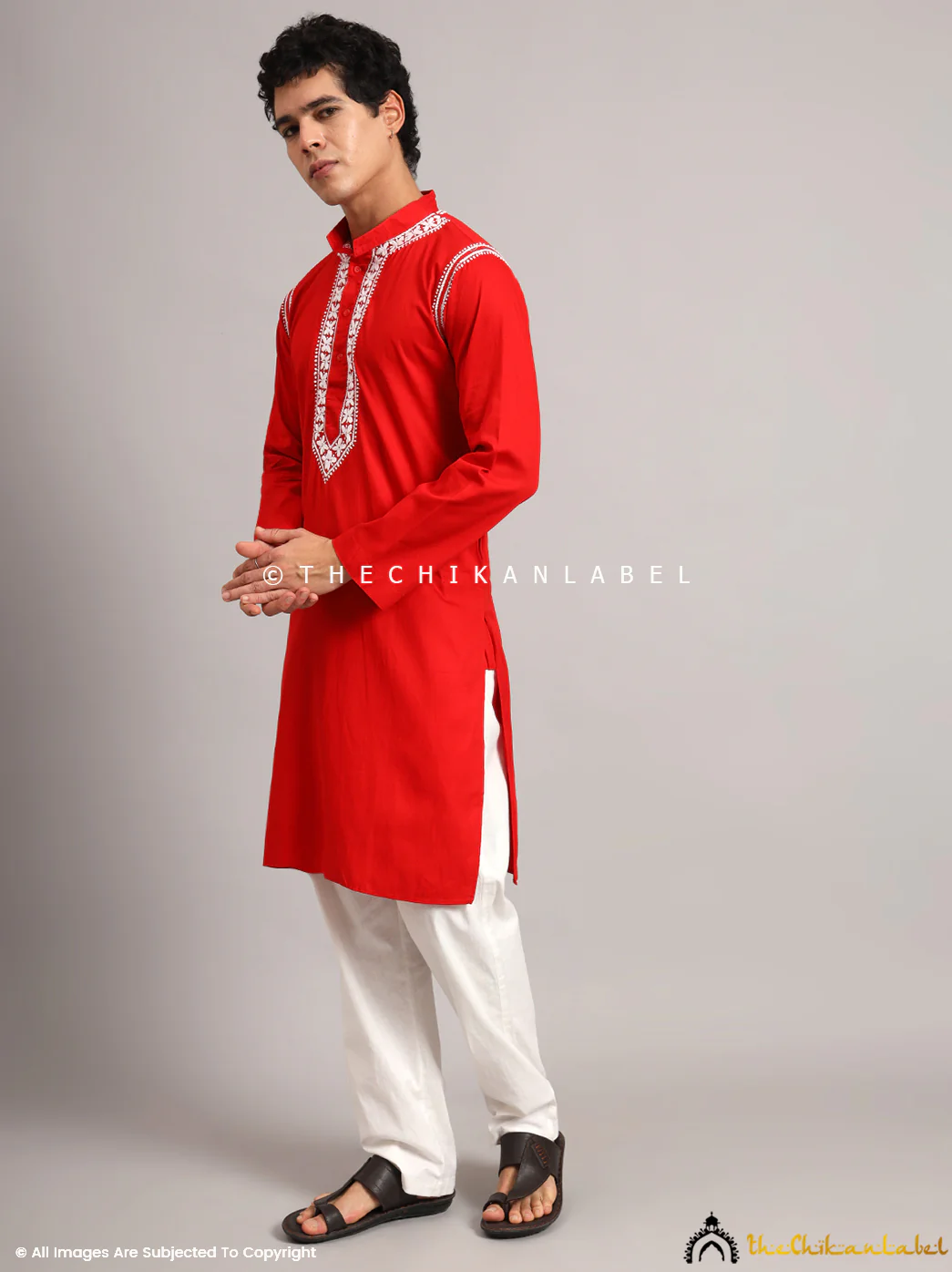 Red Uman Cotton Chikankari Men's Kurta - Image 6