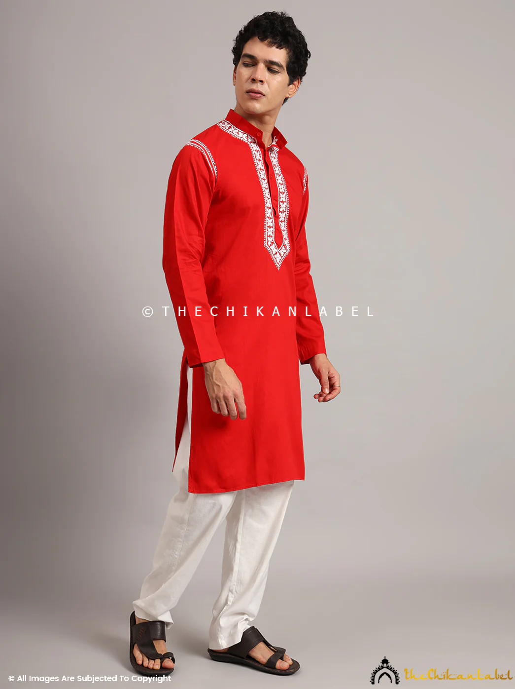 Red Uman Cotton Chikankari Men's Kurta - Image 7