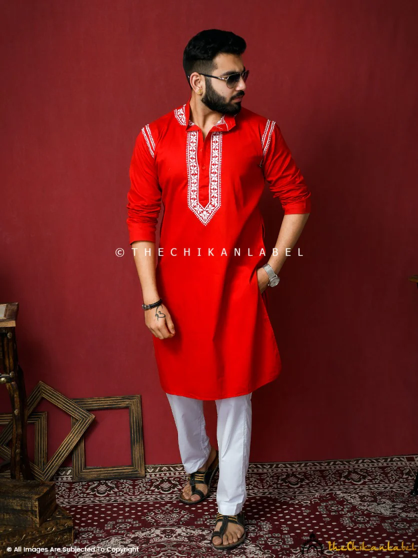 Red Uman Cotton Chikankari Men's Kurta - Image 8