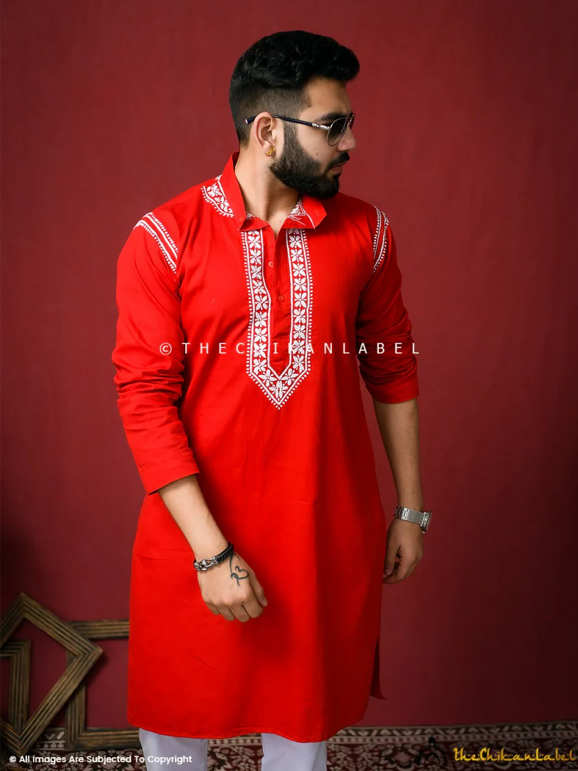 Red Uman Cotton Chikankari Men's Kurta - Image 9