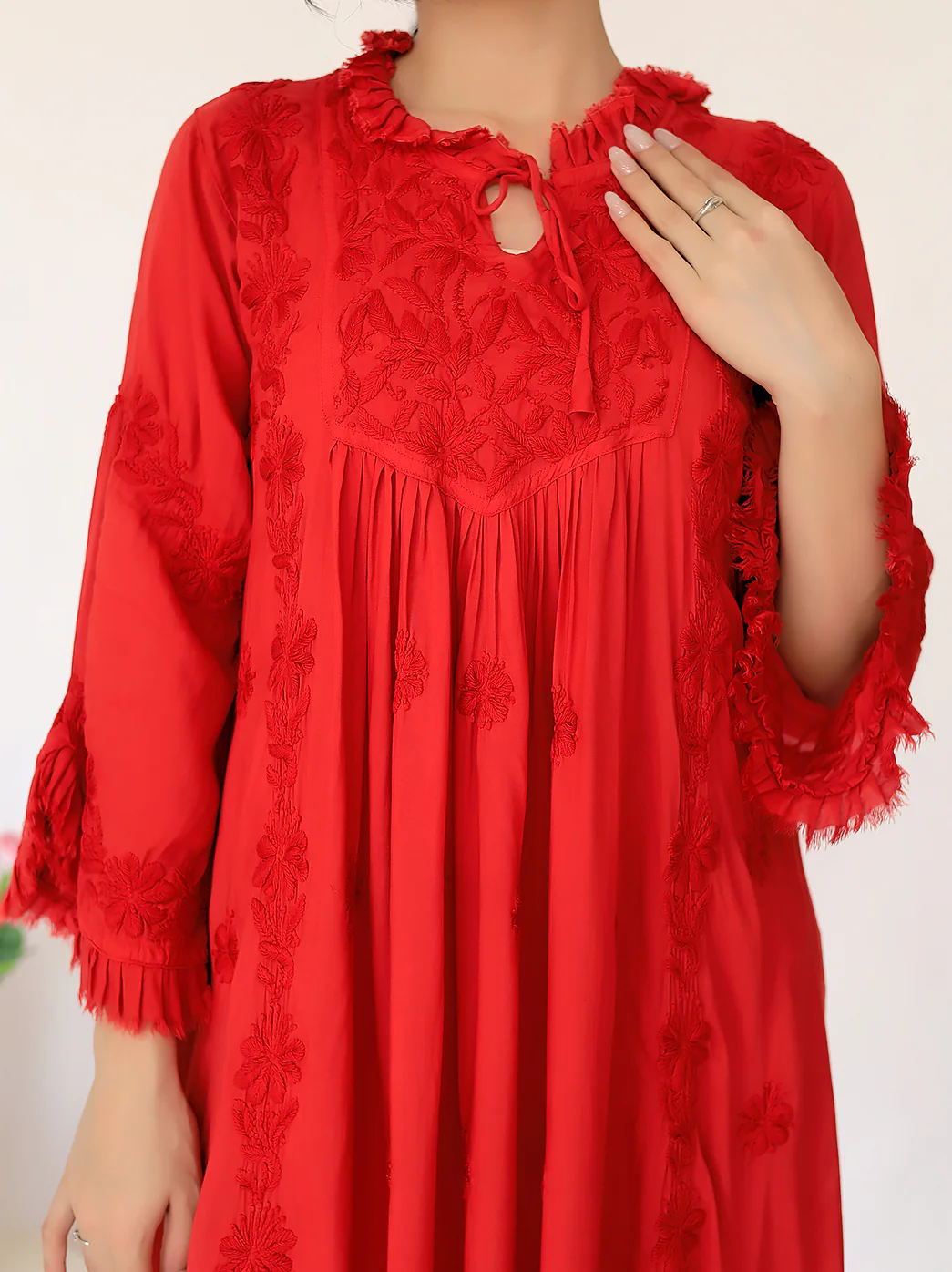 Red Zahrah Muslin Chikankari Jhalar Yok Anarkali - Image 2