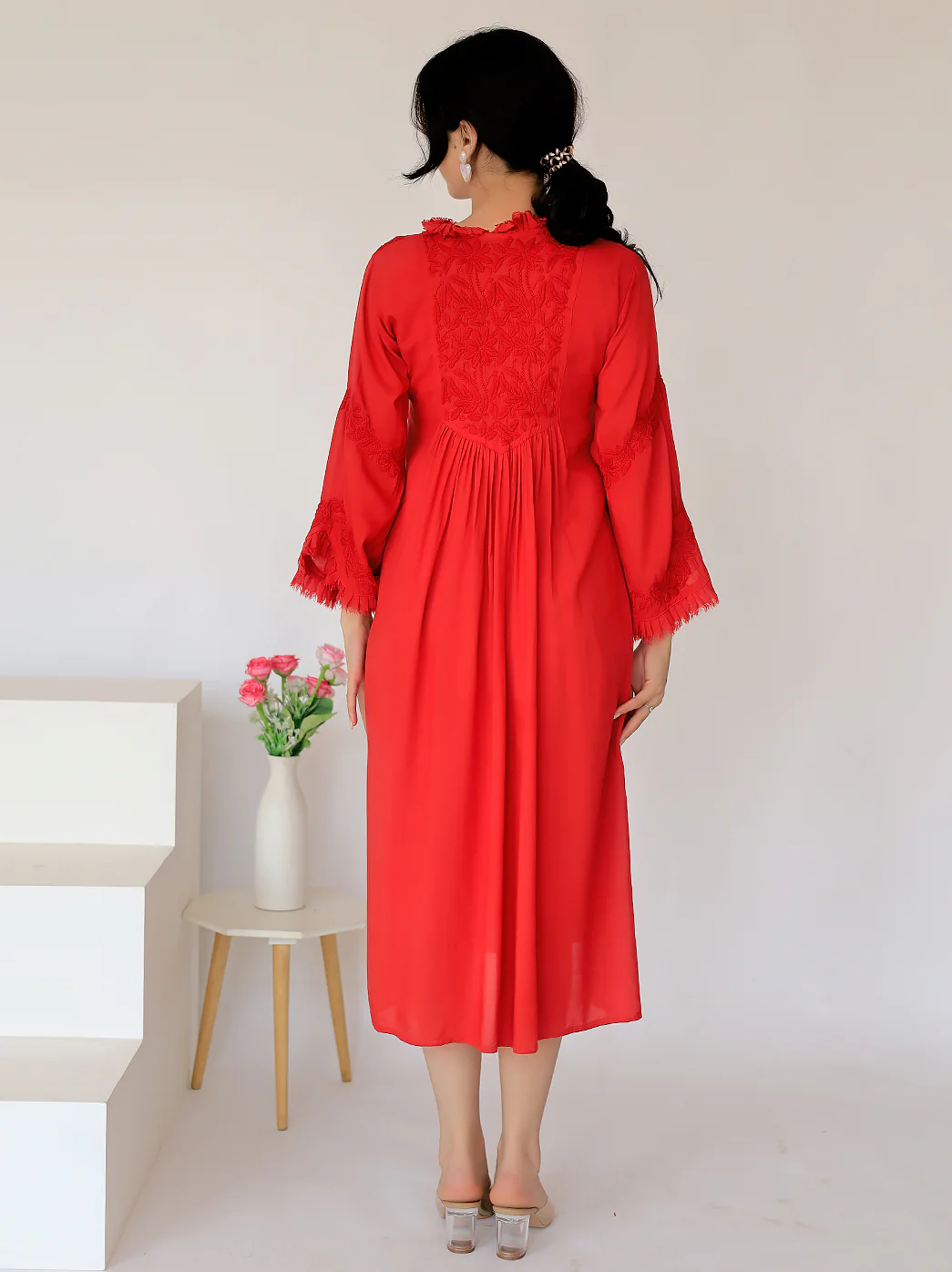 Red Zahrah Muslin Chikankari Jhalar Yok Anarkali - Image 3