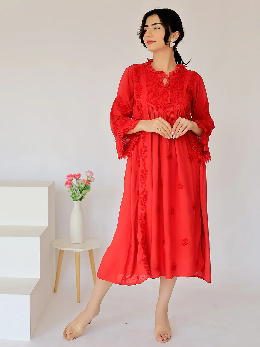 Red Zahrah Muslin Chikankari Jhalar Yok Anarkali - Image 4
