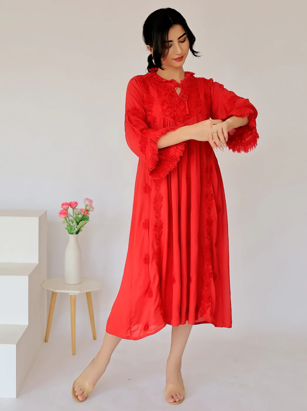 Red Zahrah Muslin Chikankari Jhalar Yok Anarkali - Image 5